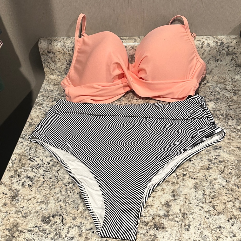 Aqua Eve Peach Bikini Top & Striped Bottoms